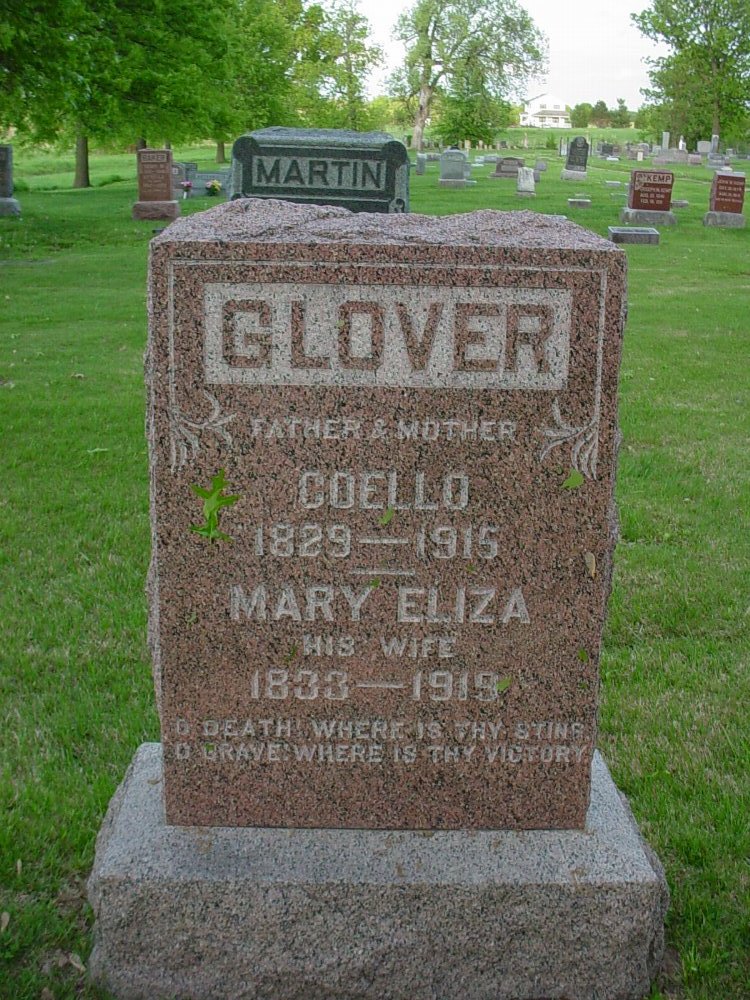 Coello Glover & Mary Eliza Patton Headstone Photo, Hams Prairie Christian Cemetery, Callaway County genealogy