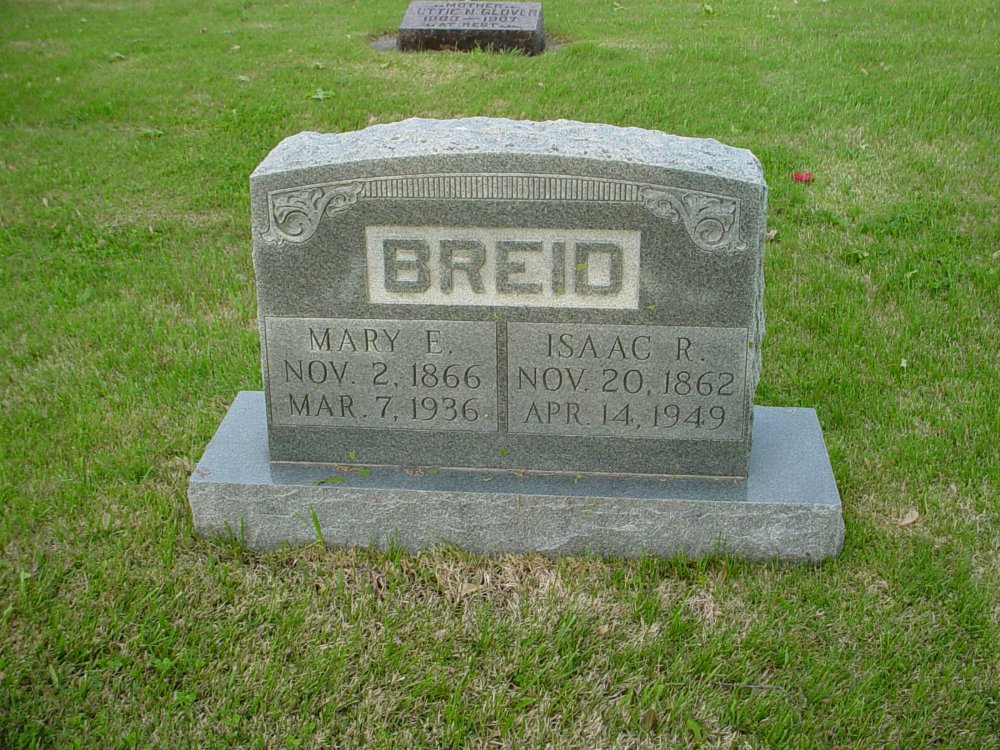  Isaac R. Breid & Mary E. Keely Headstone Photo, Hams Prairie Christian Cemetery, Callaway County genealogy