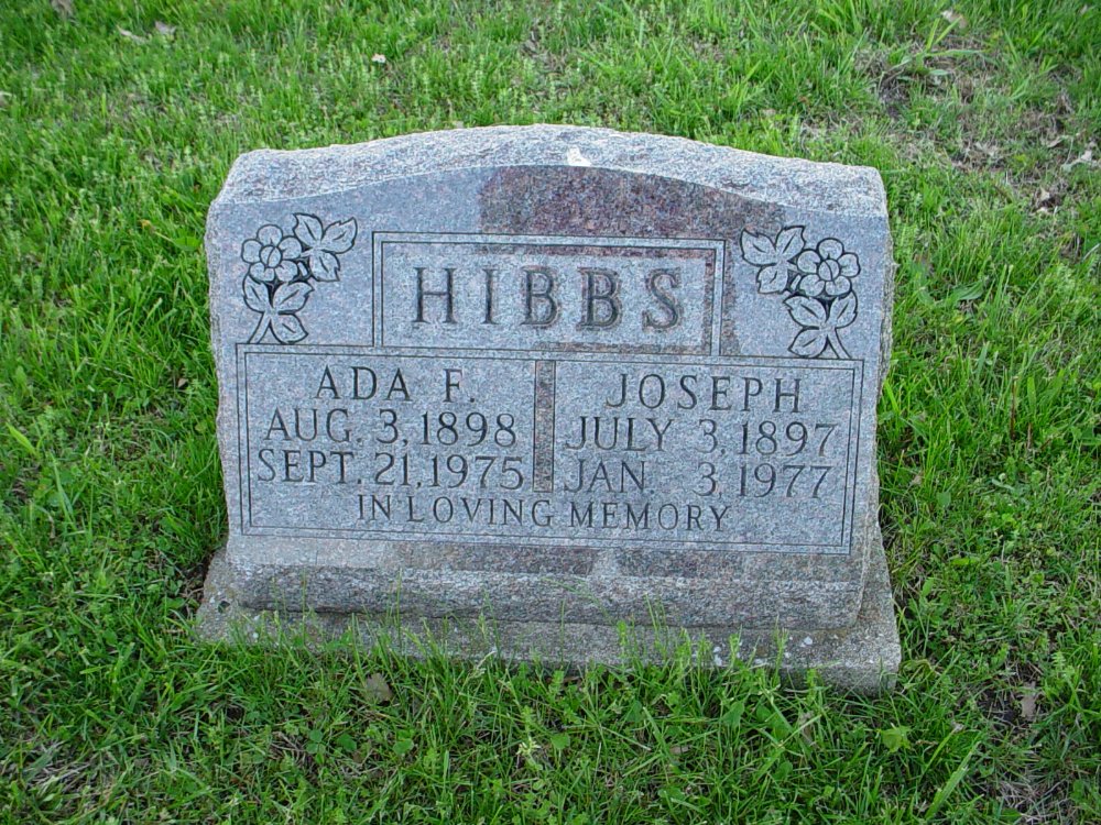  Joseph & Ada E. Hibbs Headstone Photo, Hams Prairie Christian Cemetery, Callaway County genealogy