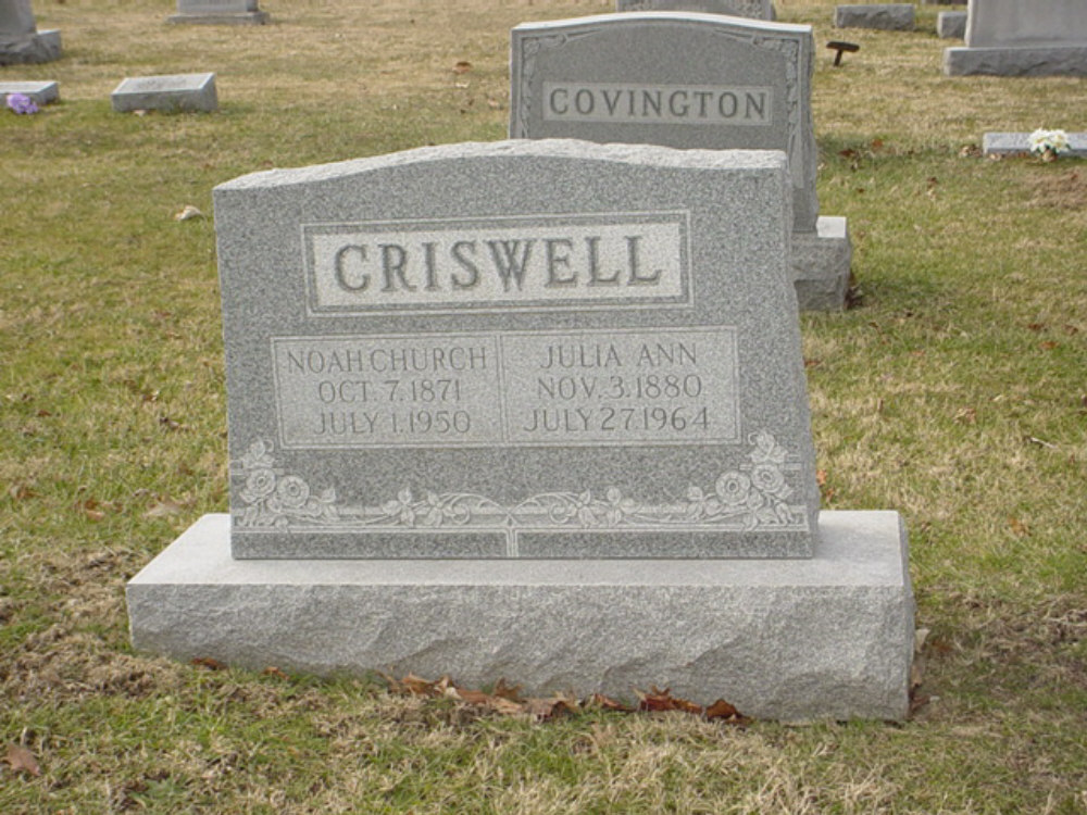  Noah C. Criswell & Julia A. Loyd Headstone Photo, Hillcrest Cemetery, Callaway County genealogy
