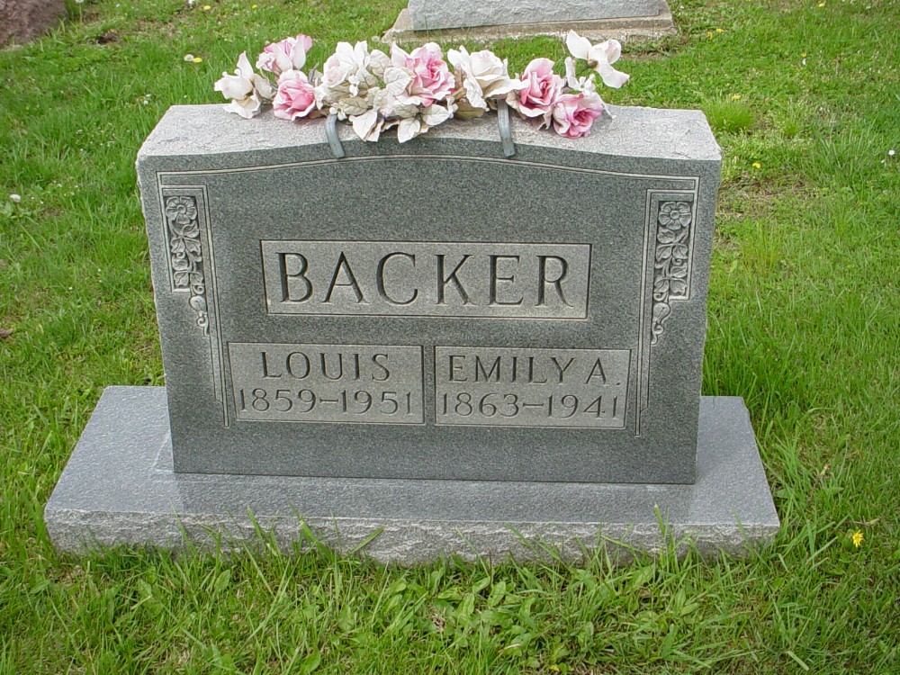  Louis H. Backer & Emily A. Hamilton Headstone Photo, Hillcrest Cemetery, Callaway County genealogy