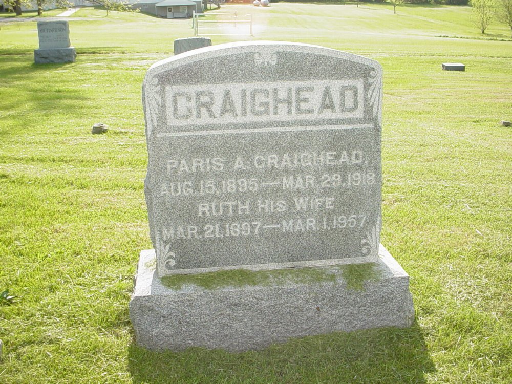  Paris and Ruth Craighead Headstone Photo, Millersburg Cemetery, Callaway County genealogy