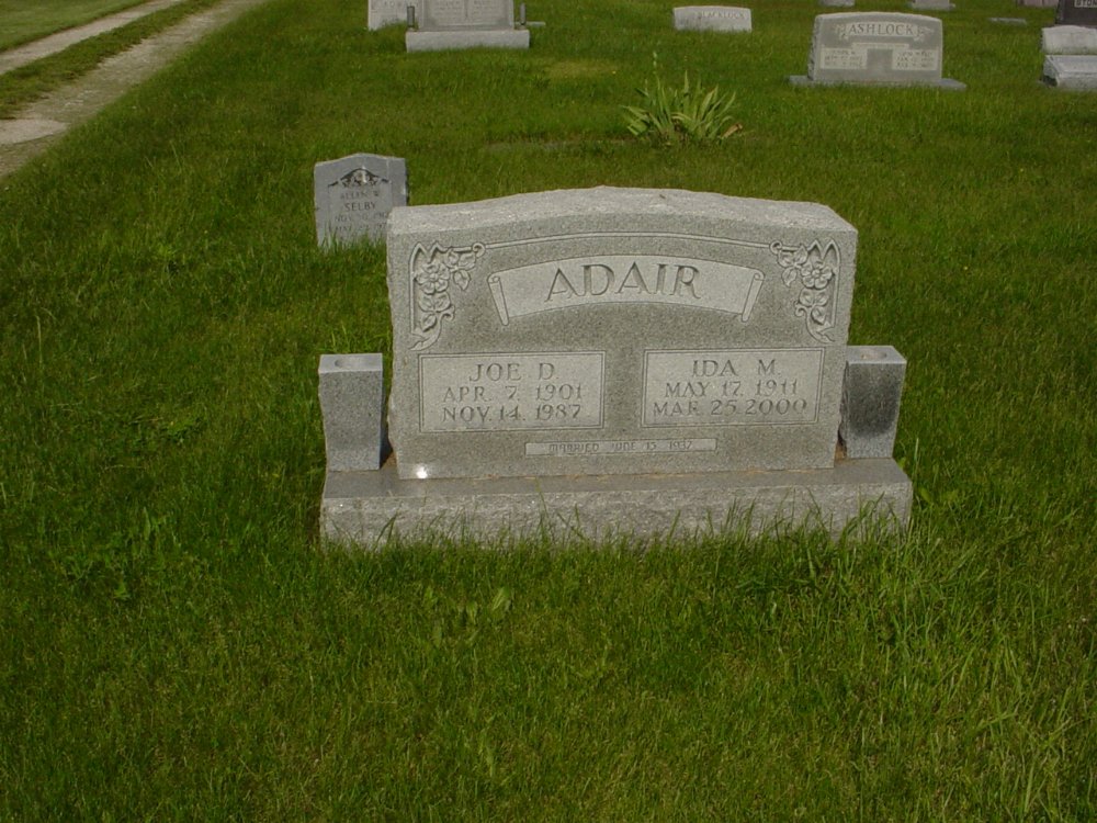  Joe and Ida Adair Headstone Photo, Millersburg Cemetery, Callaway County genealogy
