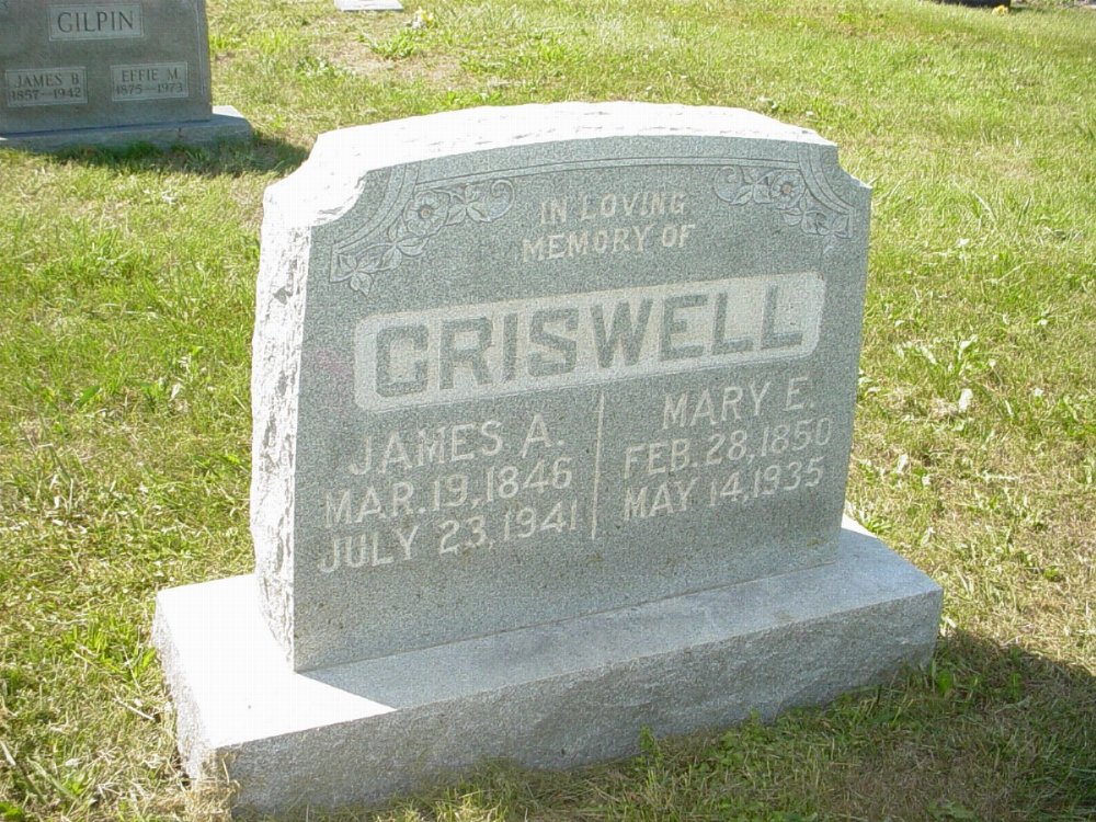  James A. Criswell and Mary E. Bennett Headstone Photo, Mount Carmel Cemetery, Callaway County genealogy