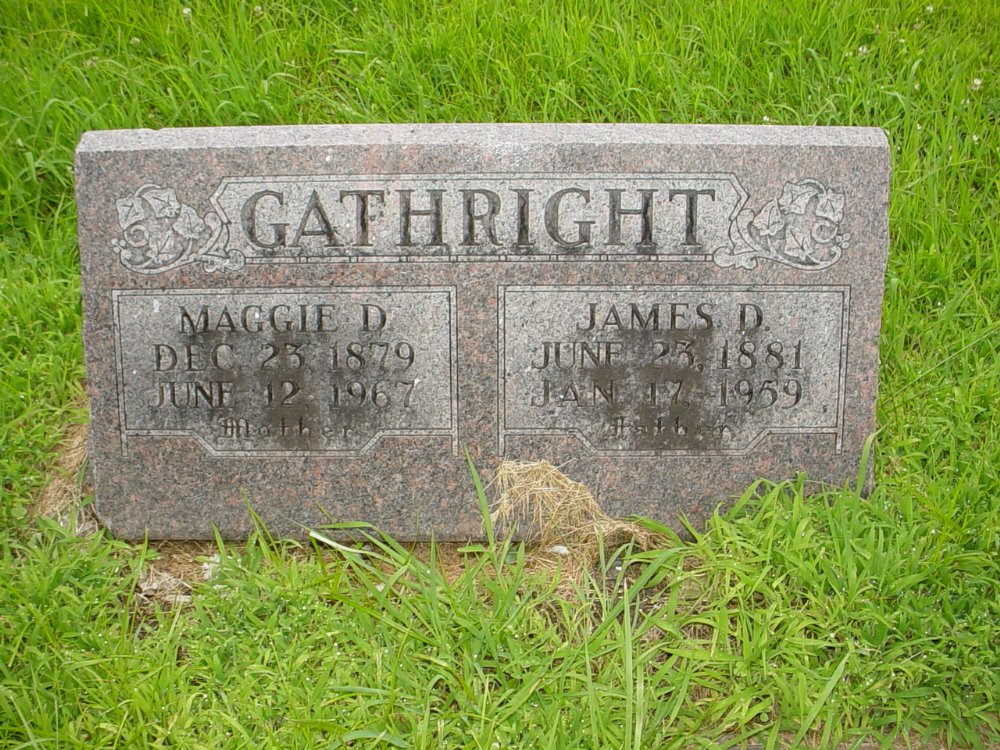  James D. & Maggie D. Gathright Headstone Photo, New Bloomfield Cemetery, Callaway County genealogy