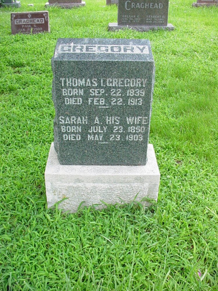  Thomas & Sarah Gregory Headstone Photo, New Bloomfield Cemetery, Callaway County genealogy