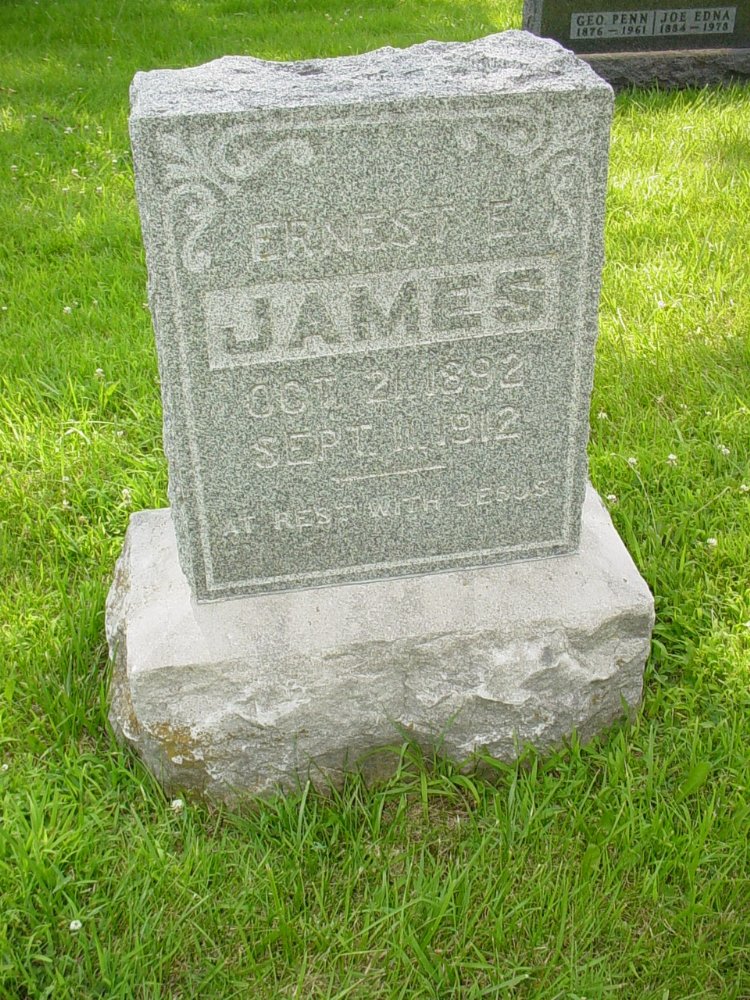  Ernest E. James Headstone Photo, New Bloomfield Cemetery, Callaway County genealogy
