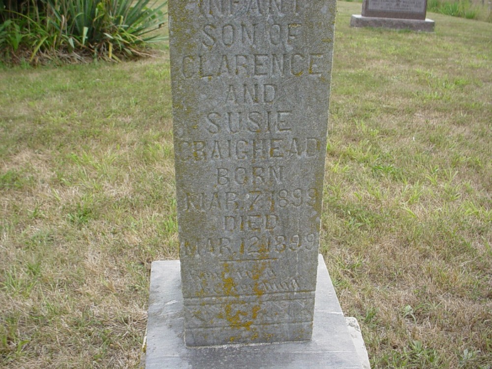  Infant Craighead 1899 Headstone Photo, Richland Christian Cemetery, Callaway County genealogy