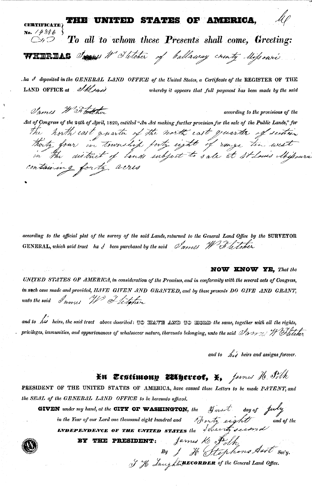 Land patent - Fletcher, James W.